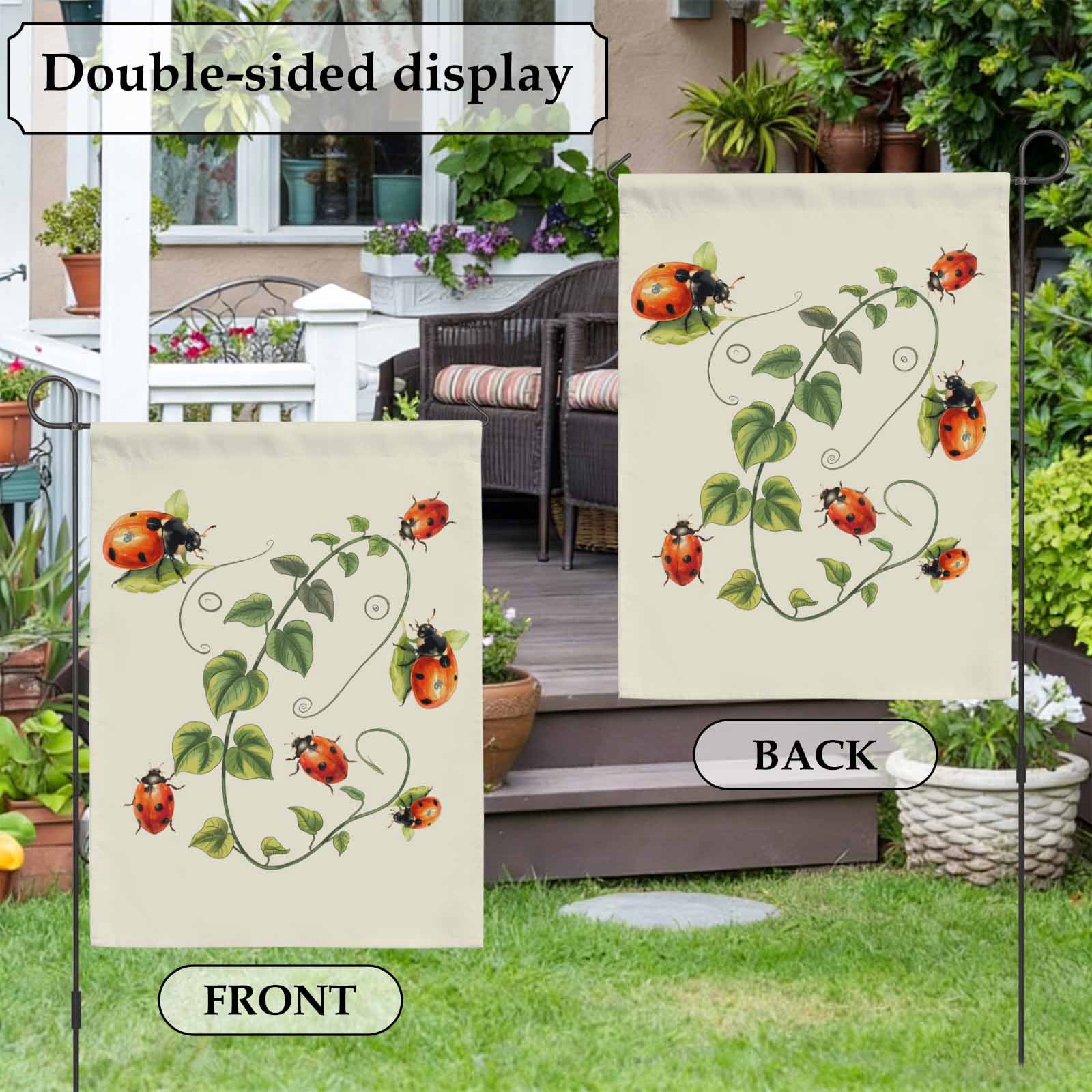 Red Ladybugs House Flag 28 x 40 Inches, Vines Cartoon Leaves Spring Plants Green Weather Proof Outdoor Patio Flags Double Sided Small House Decoration for Yard Lawn Outside Home