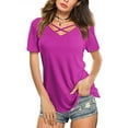 thumbnail image 2 of LEAVINGSUO Summer Tops for Women Ladies Tops Women Casual Short Sleeve Flared Sleeves V-Neck Solid Loose T-Shirt Blouse Tops, 2 of 7