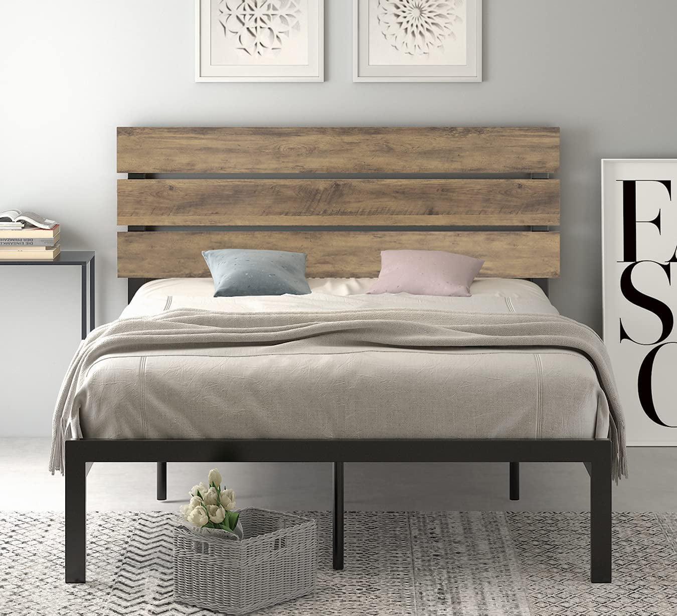 Details about   Full/Queen Size Metal Platform Bed Frame w/Wooden Headboard Rustic Country Style 