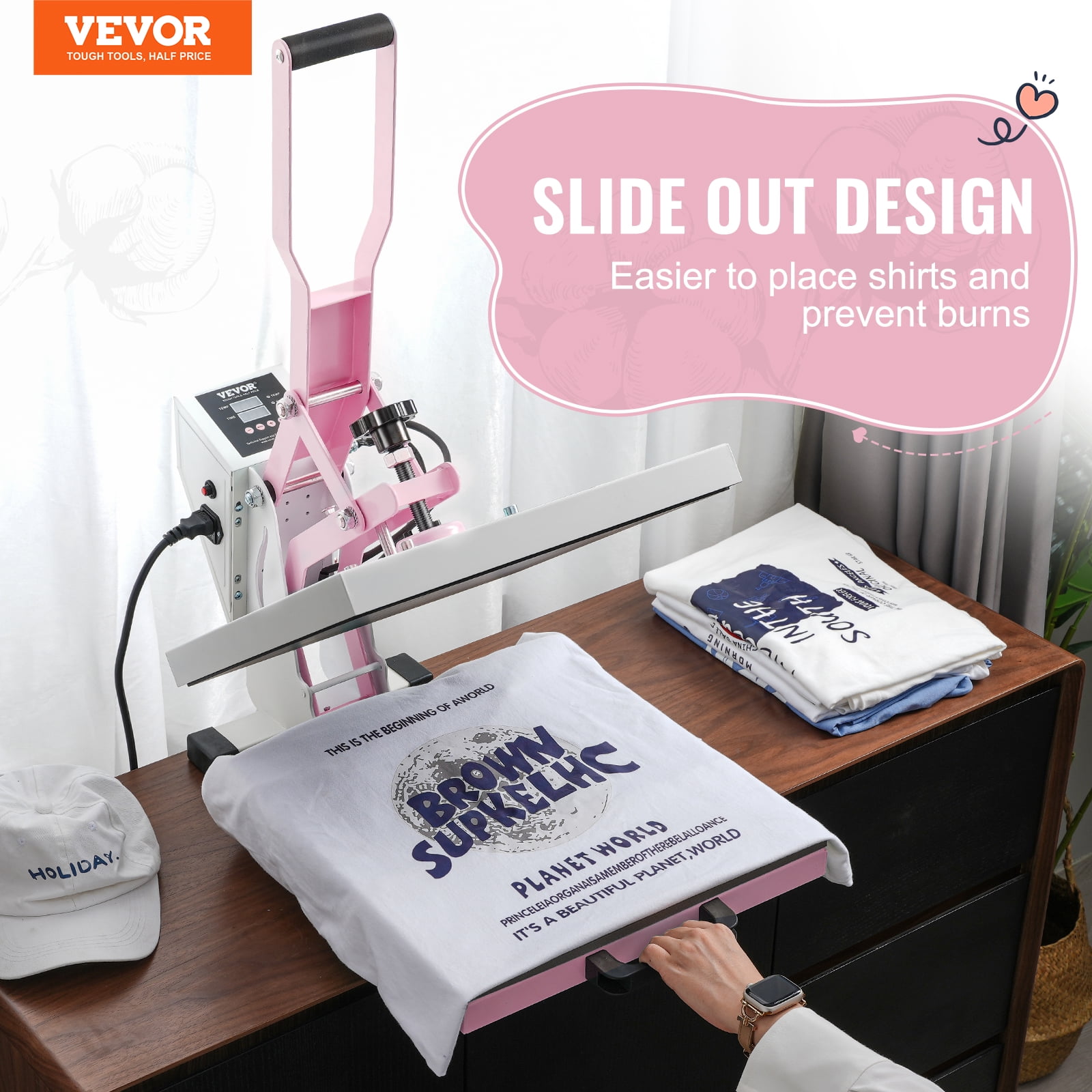VEVOR Heat Press, 15 x 15 inch Digital Heat Press Machine, Slide Out Heat Transfer Machine, Fast and Even Heating, 2-Layer Insulation Cotton, Heat Transfer Machine for T-Shirts/Pillows/Bags, Pink