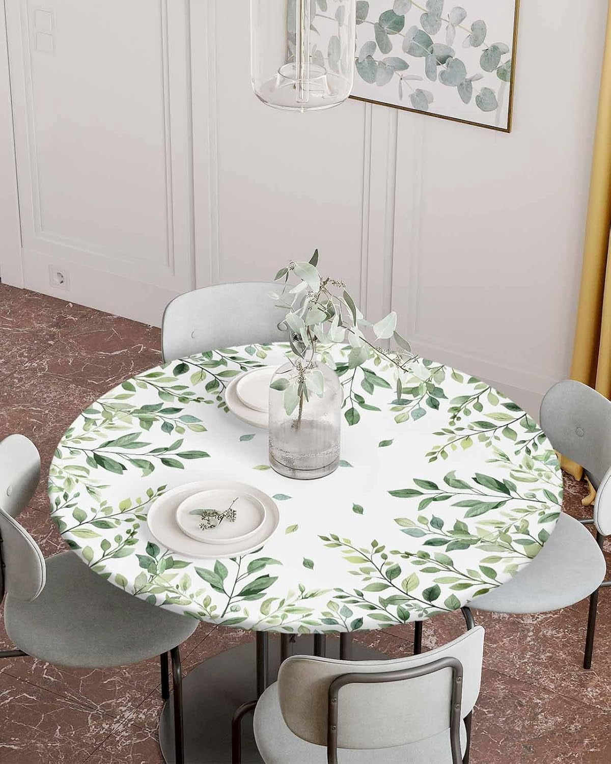 Watercolor Round Fitted Tablecloth Elastic Edged Table Cover,Spring Green Leaves Waterproof Wipeable Table Cloths for Kitchen Dining Party Fit up 45-52in Tables,Botanical Leaf on White