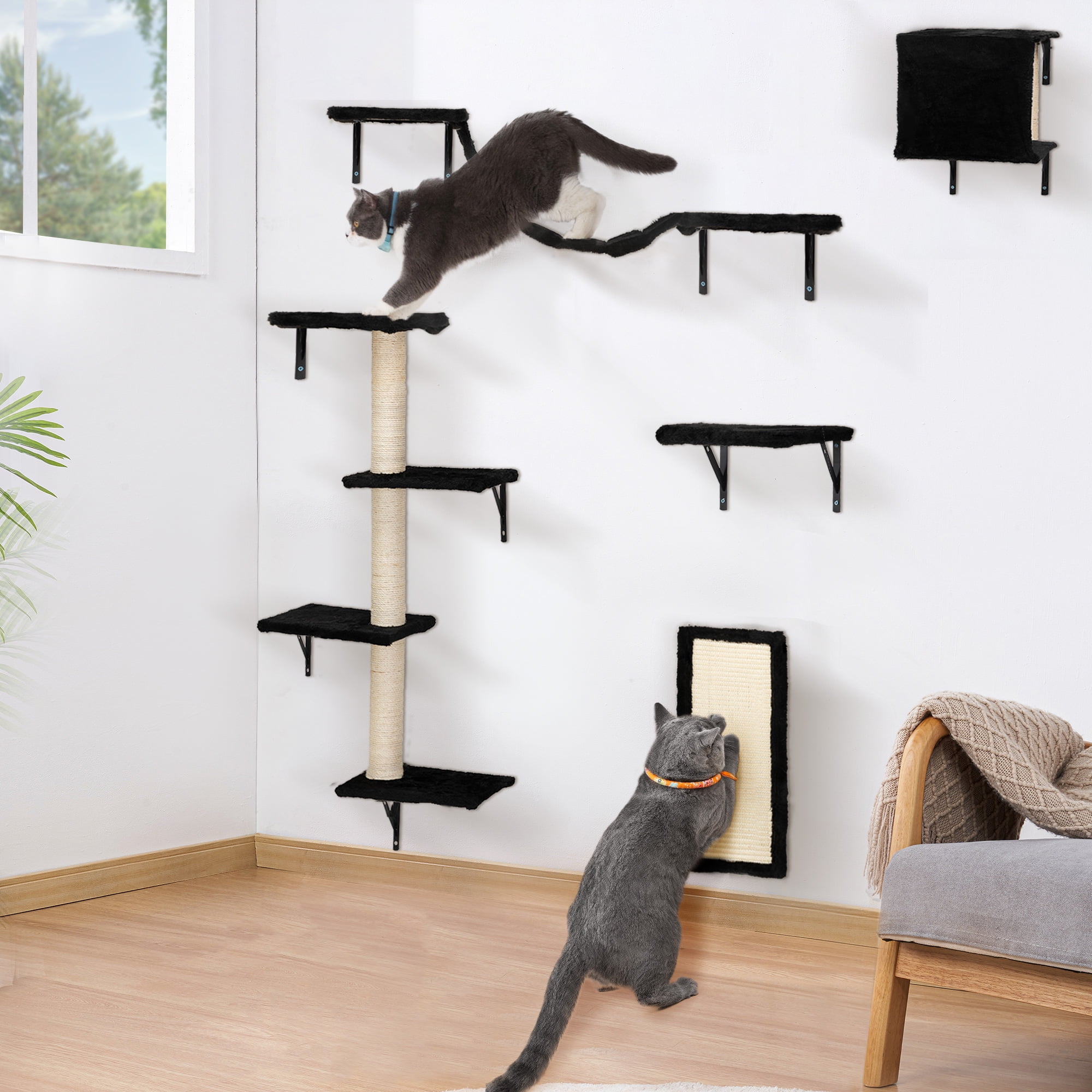 Spaco Set of 5 Cat Wall Shelves and Perches Sleeping Playing Lounging Climbing Cat Tree House for Multiple Cats, Black Spaco Set of 5 Cat Wall Shelves and Perches Sleeping Playing Lounging Climbing Cat Tree House for Multiple Cats, Black