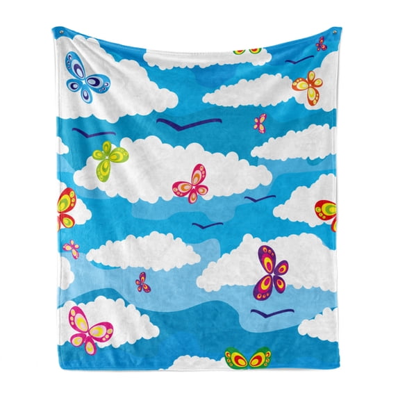 Spring Soft Flannel Fleece Throw Blanket, Fluffy Clouds and Colorful Butterflies Flying in the Air Summer Season Image, Cozy Plush for Indoor and Outdoor Use, 50" x 70", Sky Blue White, by Ambesonne