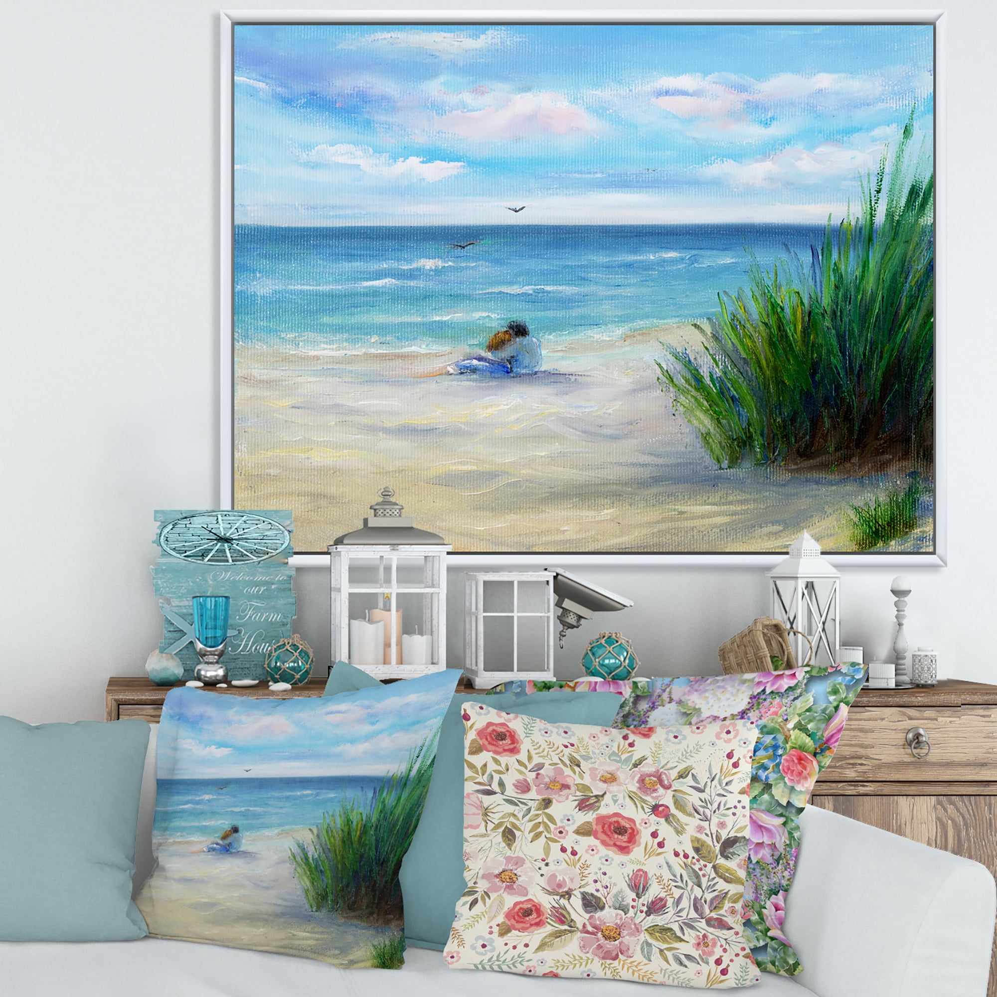 Designart 'Couple Sitting In Love By The Beach' Nautical & Coastal Framed Canvas Wall Art Print