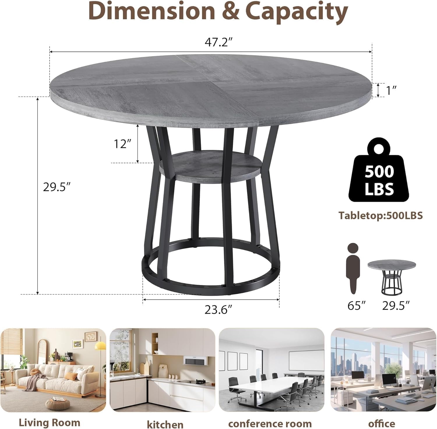 JoanKaren 47.2" Farmhouse Round Dining Table,Space Saving Wood Kitchen & Dining Room Circle Table Furniture with Storage and Metal Legs,Grey