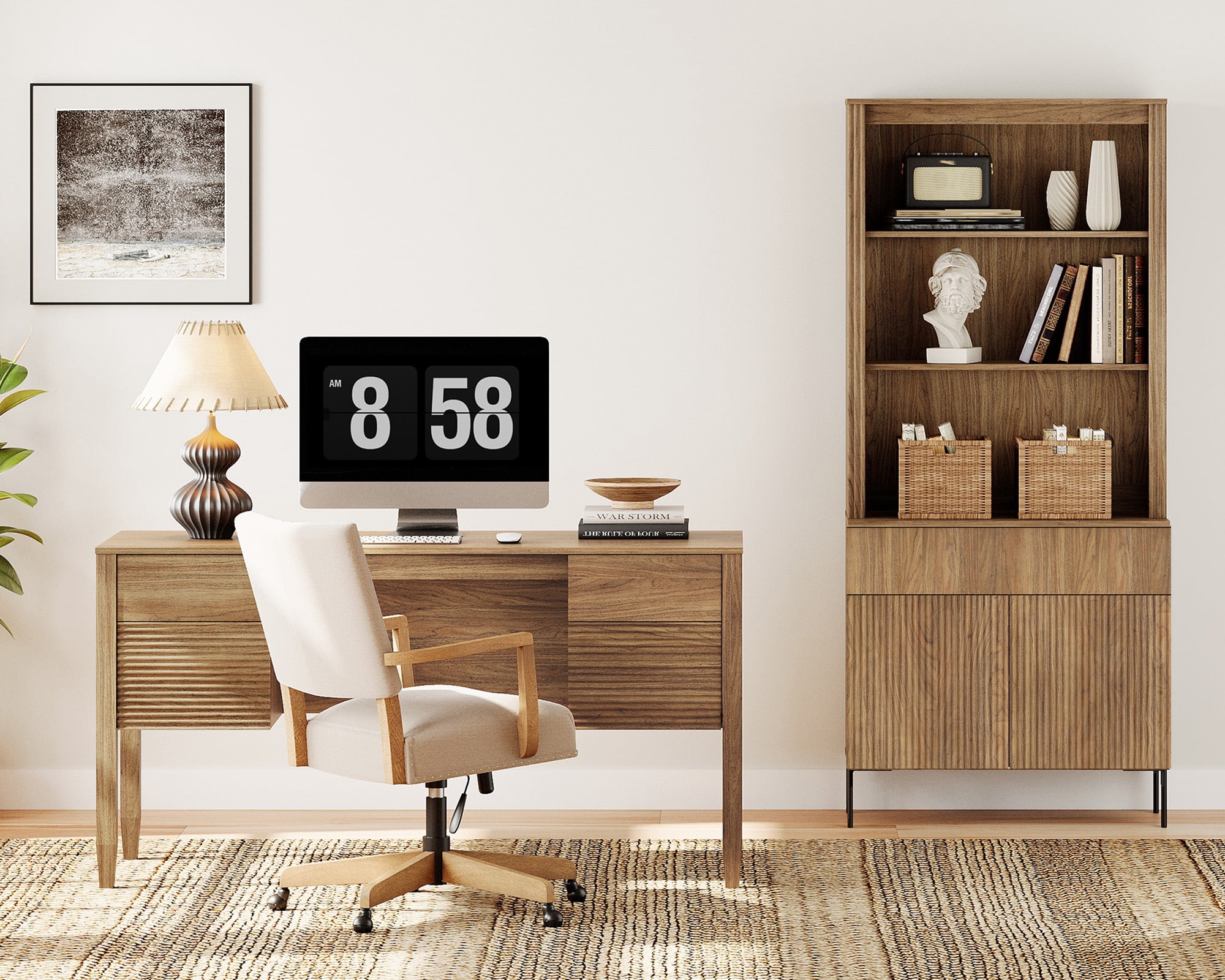 WAMPAT 2 Piece Home Office Furniture Set, 58" Desk with 71.5" Bookcase, Bookcase with 1 Drawer & 2 Doors, Adjustable Shelves, Modern Fluted Wood Office Furniture for Home Office, Study Room, Bedroom