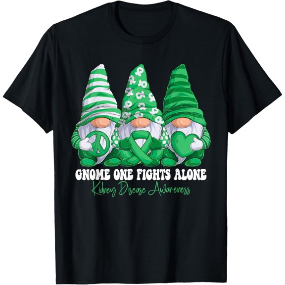 Kidney Disease Awareness Month Green Ribbon Gnomies Support T-ShirtMen and women can wear, black T-shirts, gifts. Age: M,L，XL 2XL, 3XL, 254XL