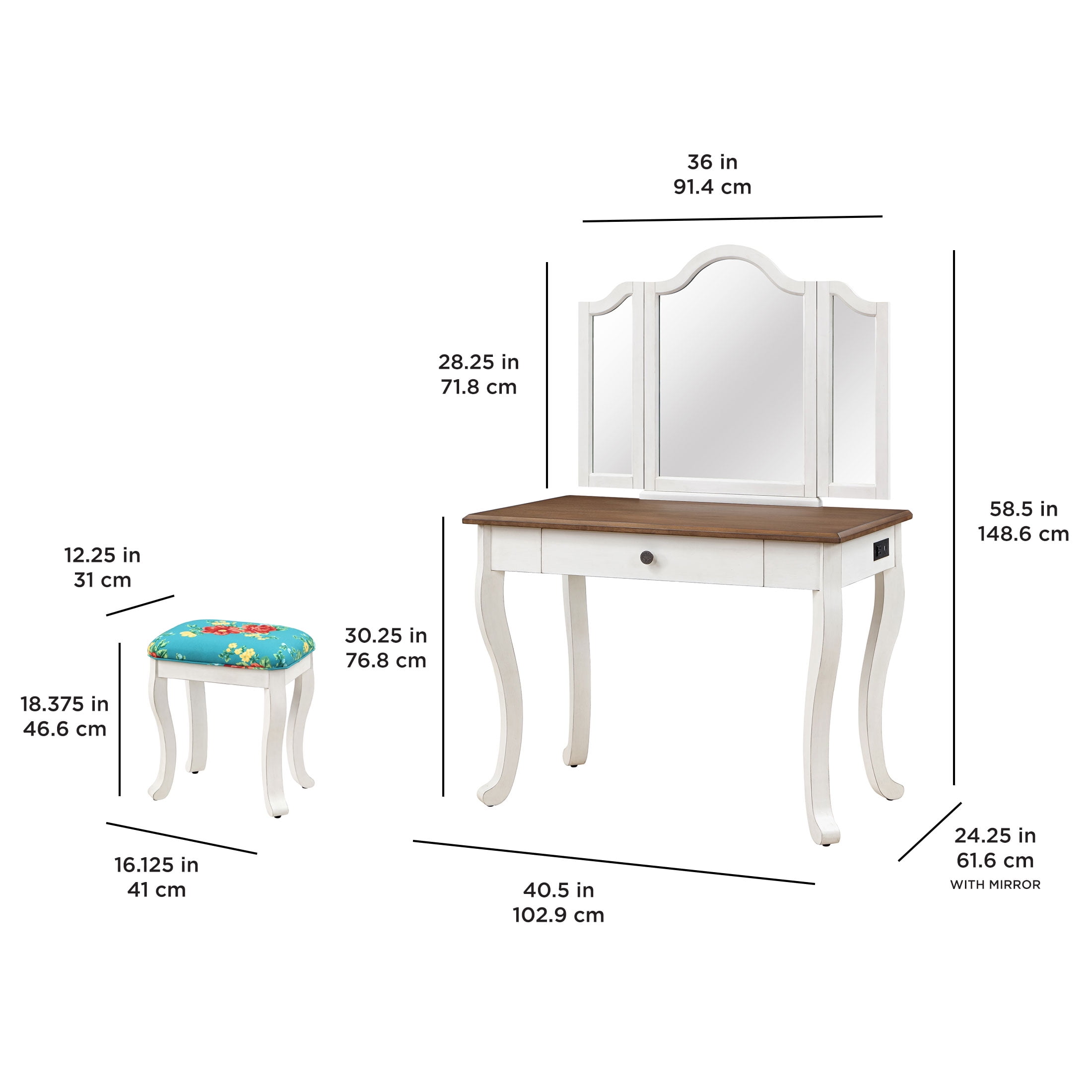The Pioneer Woman Vanity Set and Stool with Tri-Fold Mirror and Made With Solid Wood Frame, White
