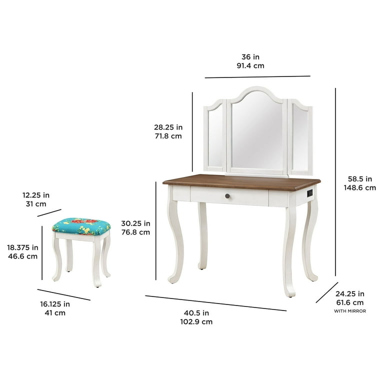 The Pioneer Woman Vanity Set and Stool with Tri-Fold Mirror and