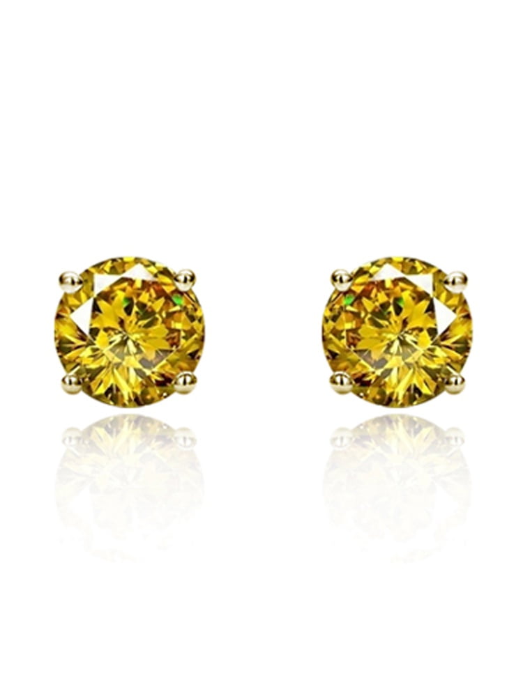 14K Yellow Gold 3mm Round Cubic Zircornia Prong Set Solitaire Screwback Stud Earrings - Yellow