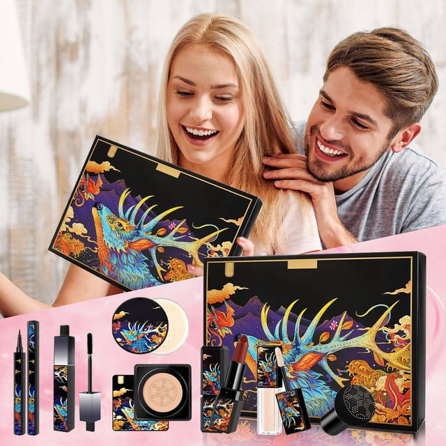 Seven Air Cushion Eyeliner Mascara Concealer Setting Powder Lipstick Makeup Complete Makeup Makeup Set Gift For Novice Practice 10Ml, Christmas Color Lipstick