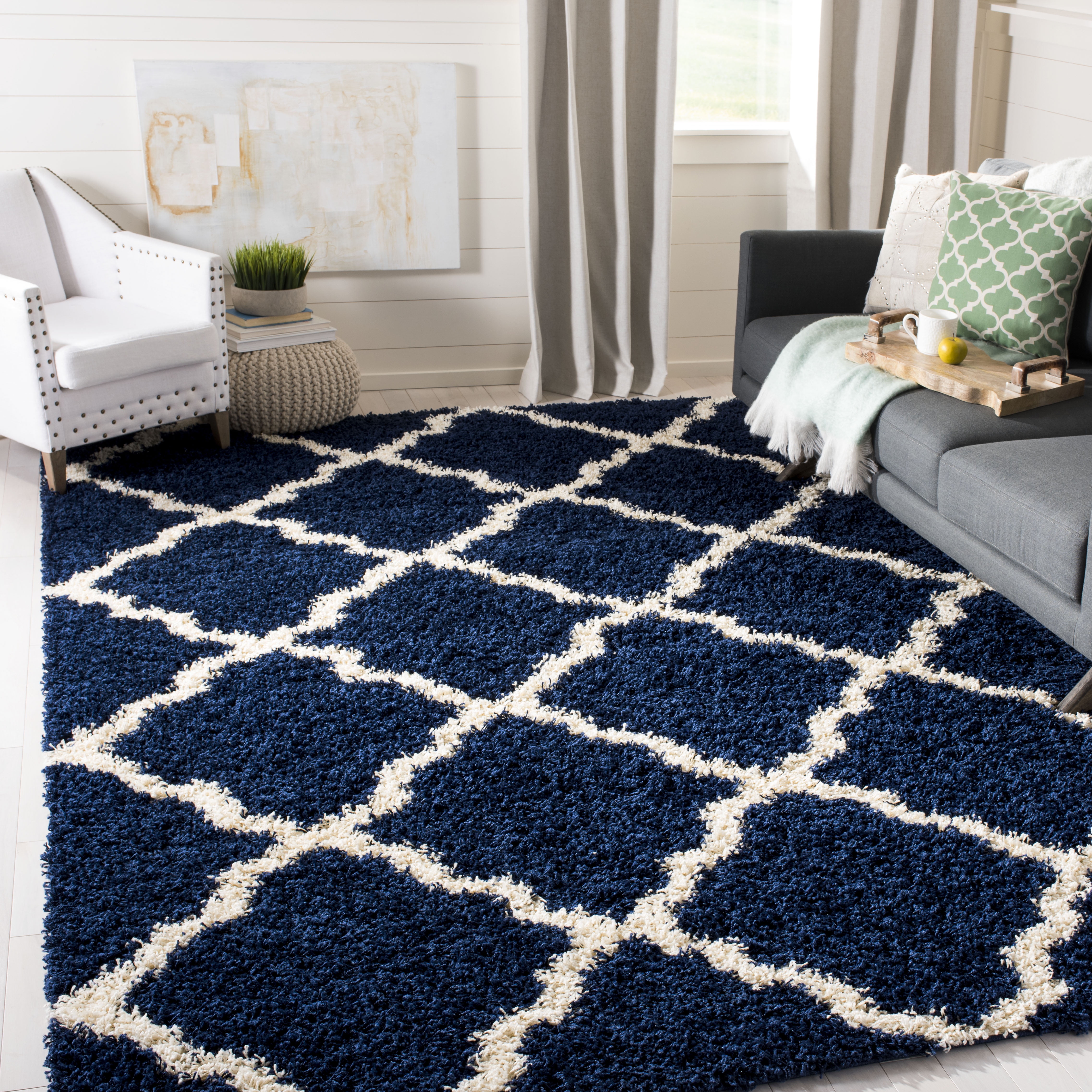 SAFAVIEH Dallas Logan Geometric Shag Area Rug, Navy/Ivory, 8'6" x 12
