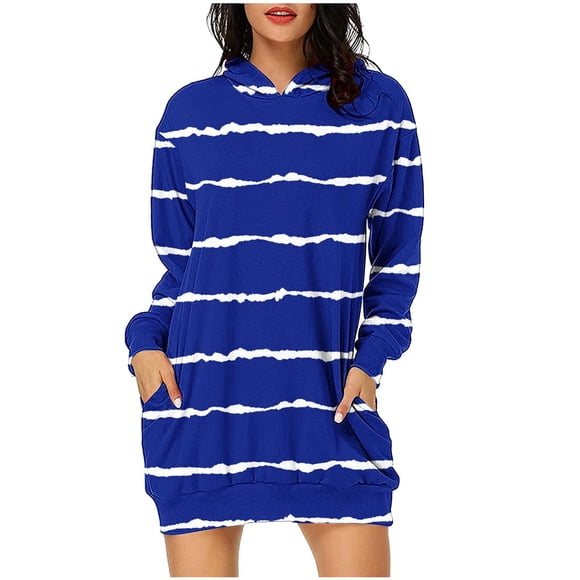 Modest Dresses for Women Women's Striped Hoodie Dress Long Sleeve Pullover Color Block Sweatshirt Dress with Pockets Trendy Clothes S-122 Blue L