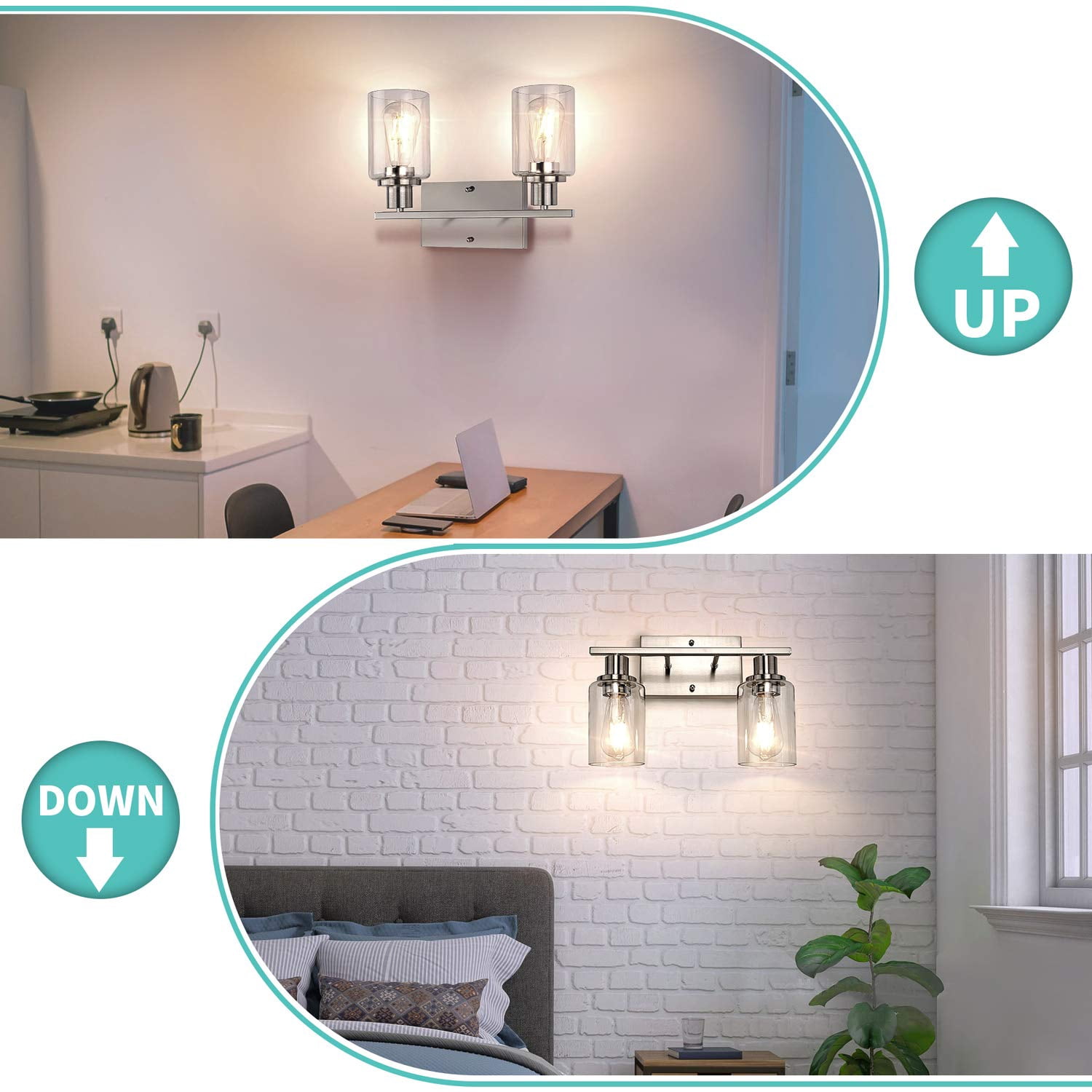 2-light Bathroom Vanity Light Fixture  Brushed Nickel Fixtures Over Mirror Modern Wall Mounted Lighting With Clear Glass Shade For Bedroom Hallway