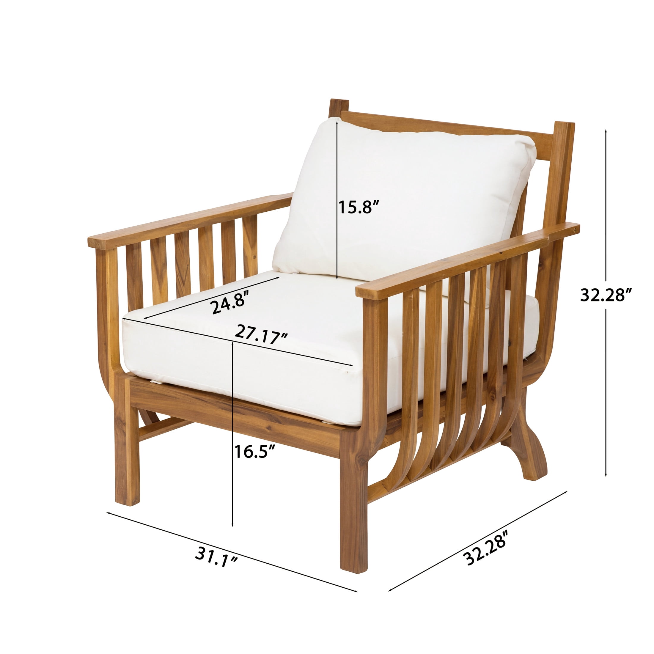 Christopher Knight Home Mid-Century Outdoor Club Chair, Acacia Wood Frame with Cushion, Natural+Beige