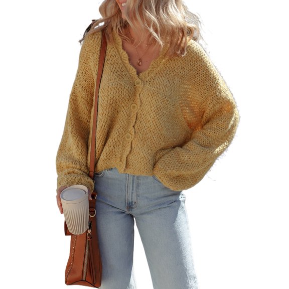Women's Light French Beige Lantern Sleeve Scallop V Neck Buttoned Front Cardigan - [ZhiHiMeRi] | (US 12-14)L