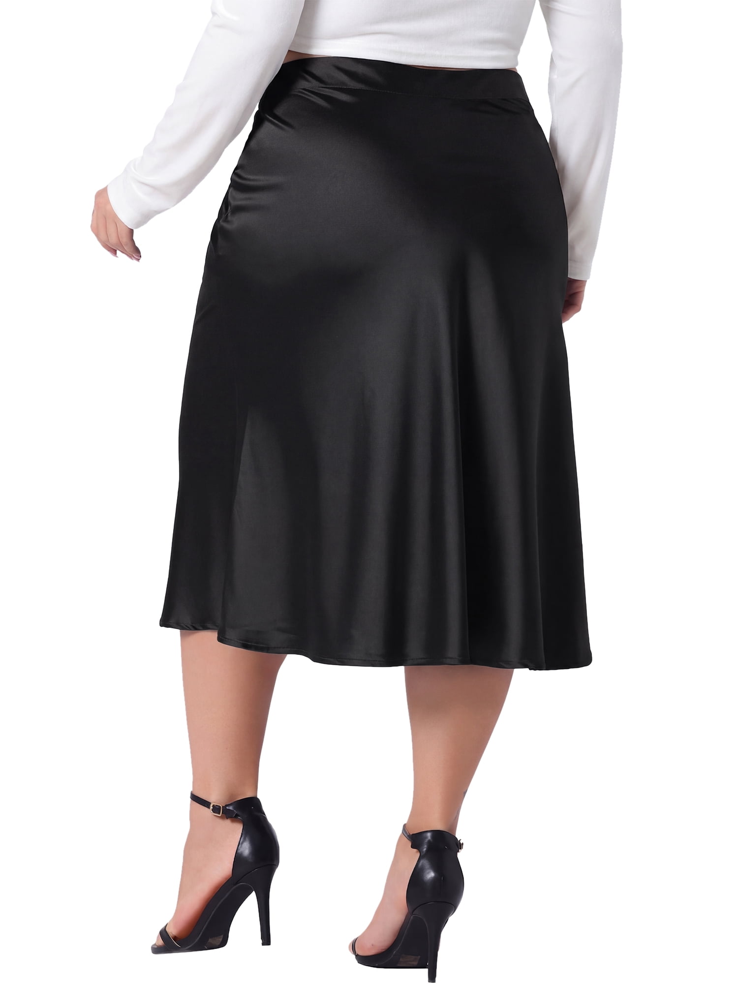 DARING DIVA Women's Plus Stylish Silky Satin Casual Midi Skirt Flared A Line 4X Black