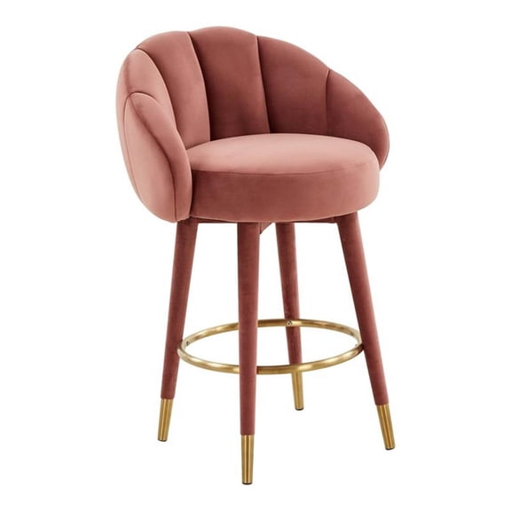 Maklaine 26.5" Swivel Modern Velvet Counter Stool in Pink Finish
