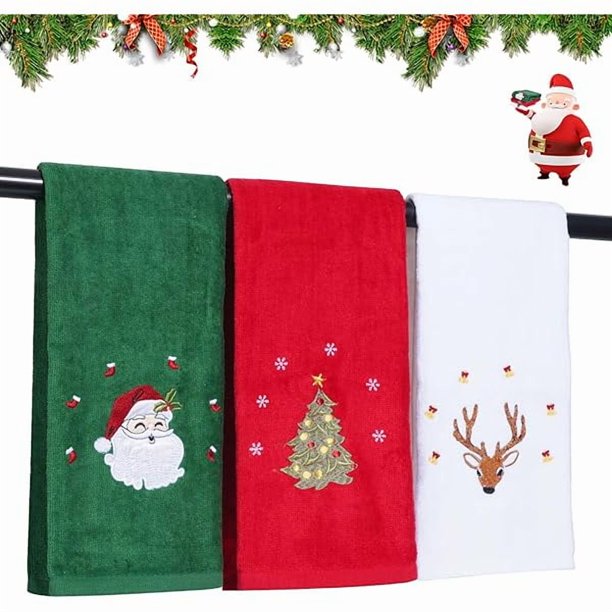 wonima44 3 Pcs Christmas Hand Towels for Bathroom, 100% Cotton Soft Absorbent Christmas Kitchen Towels, Embroidery Christmas Decorations Towel for Holiday, Kitchen, Gift (15 x 23 Inch)