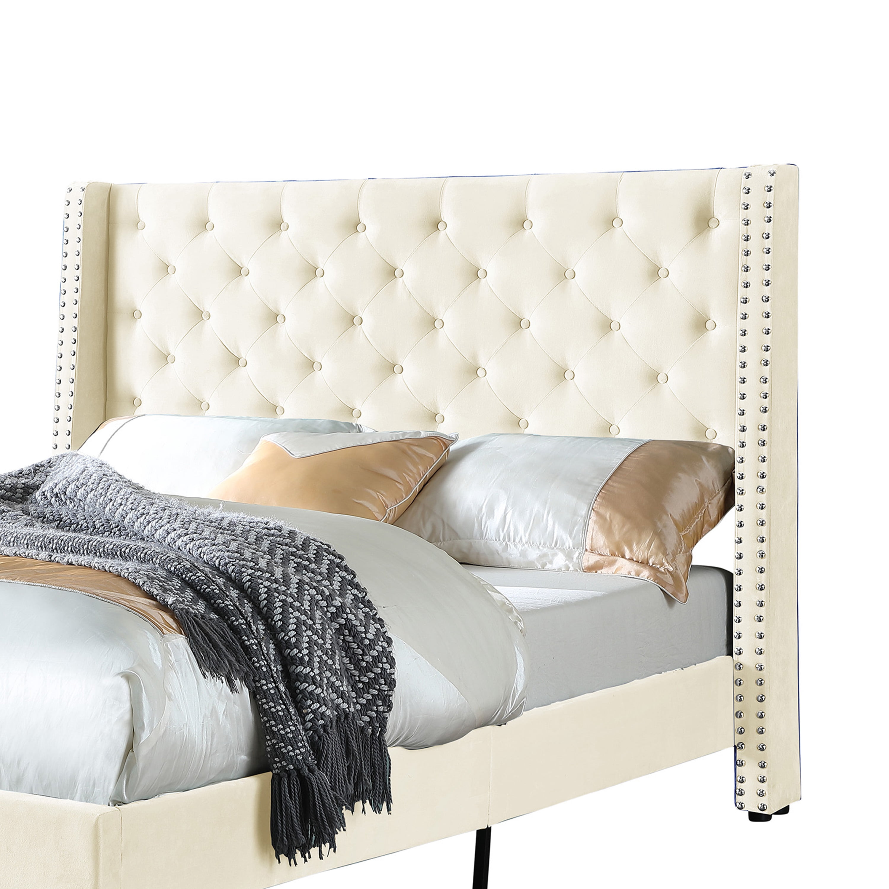 AC Pacific Modern Polyester Beige Full Platform Bed with Nailhead Trim