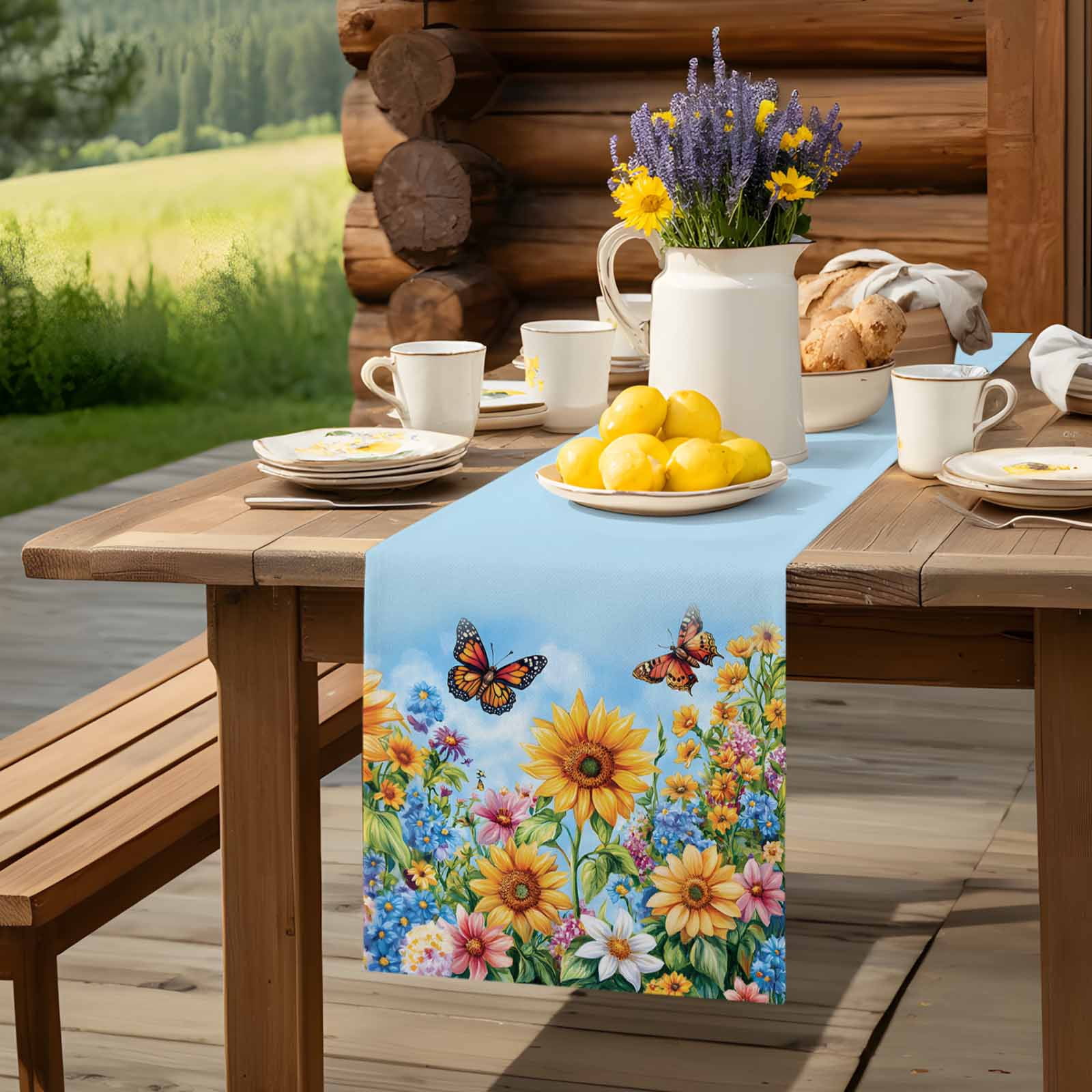 Farm Sunflower Butterfly Table Runner 90 Inches Long, Watercolor Wildflower Blue Sky Table Runners Tabletop Scarf Kitchen Dining Tables Decoration for Home Party Indoor Outdoor