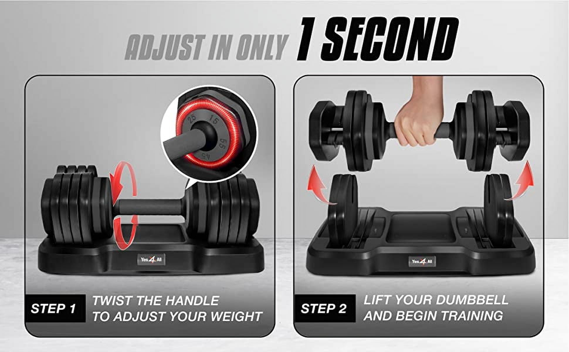 Yes4All 55lbs Adjustable Dumbbell, Quick Select 15-55 Red, Pair