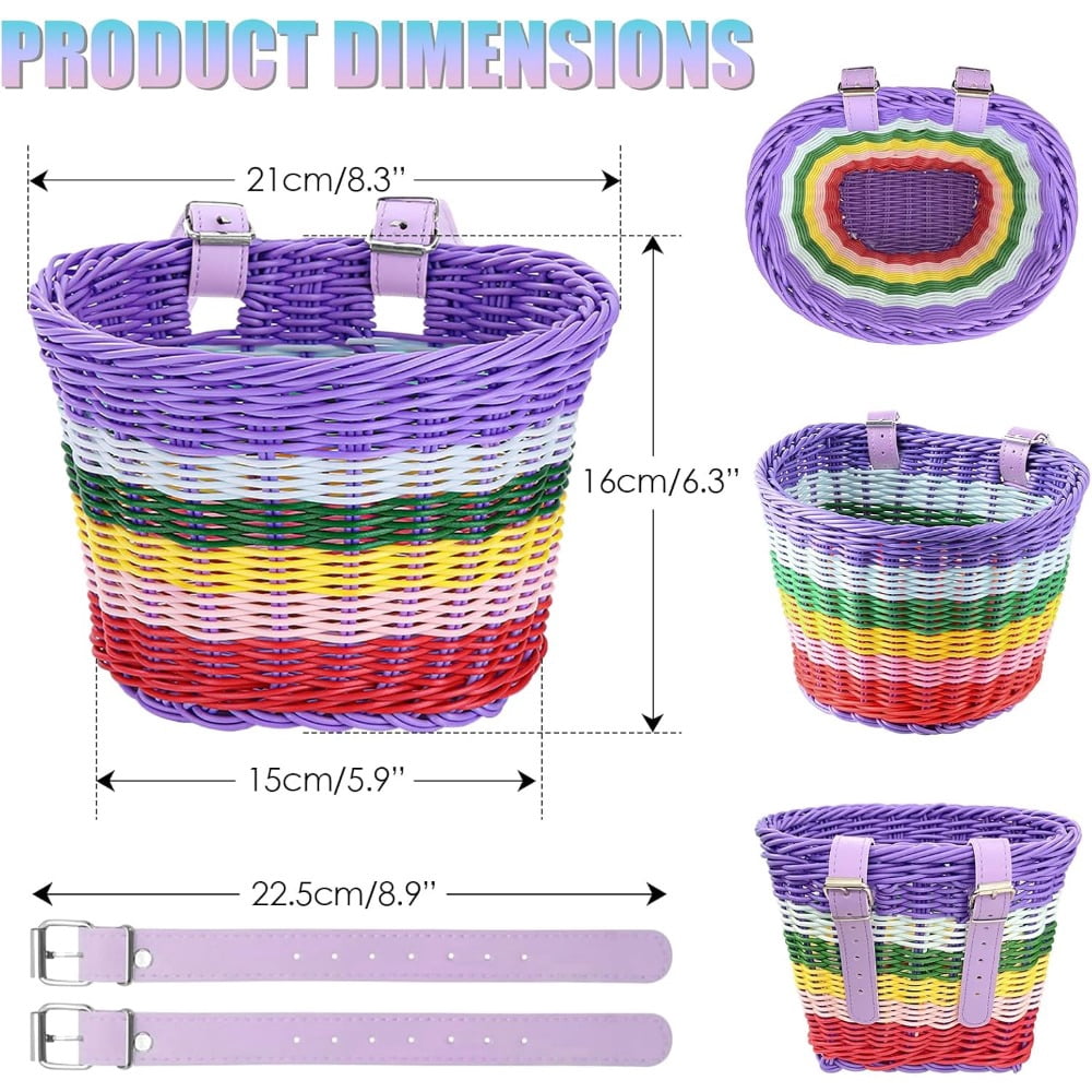 Bike Basket Kids Front,Premium Hand-Woven Rainbow Bicycle Basket,Cute Adults Boys Girls Bike Basket,Tricycle Cruiser Bikes & Folding Bike Basket