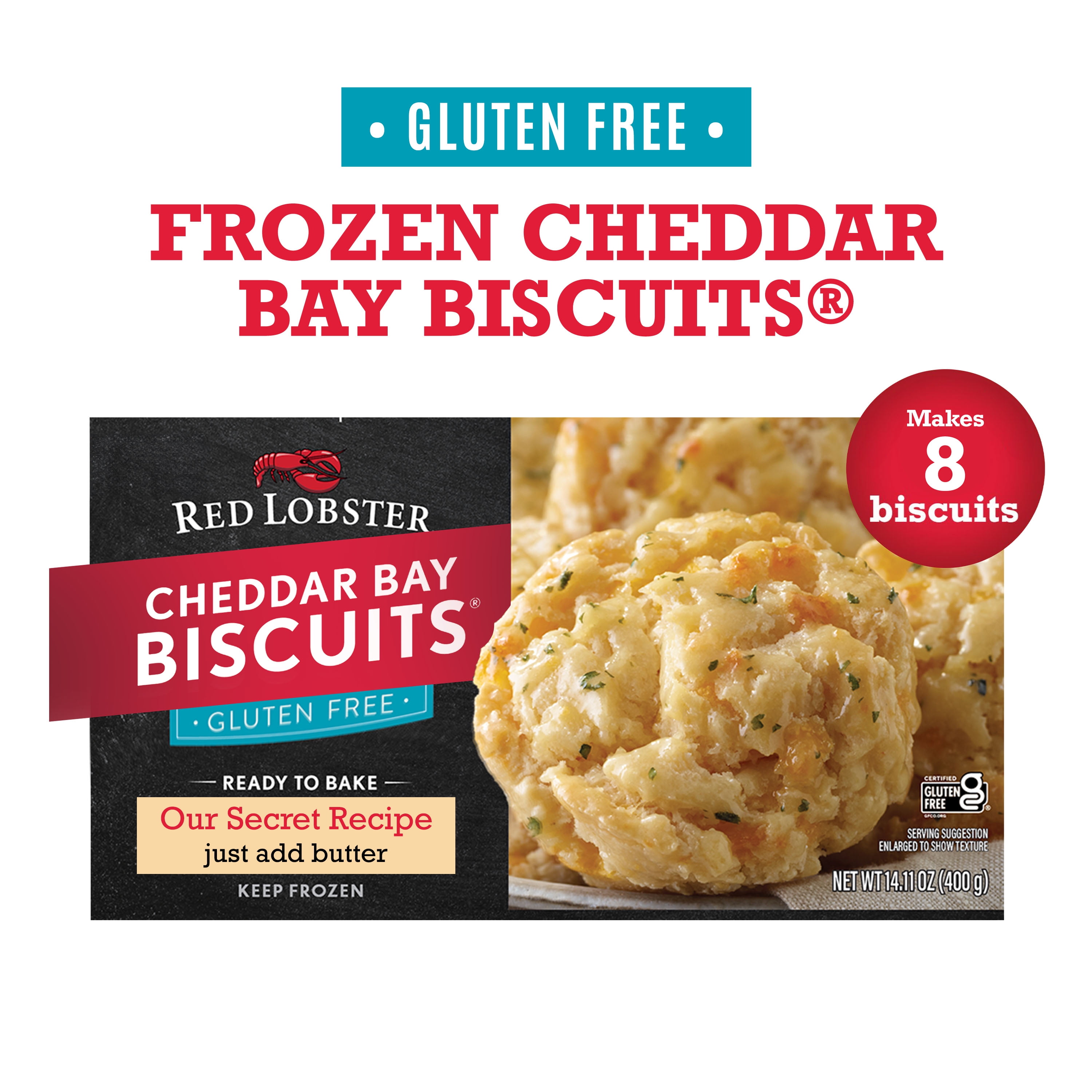 Red Lobster Frozen Gluten Free Cheddar Bay Biscuits, Ready to Bake Cheddar Bay Frozen Biscuits, 8 Count, 14.11 Oz Box