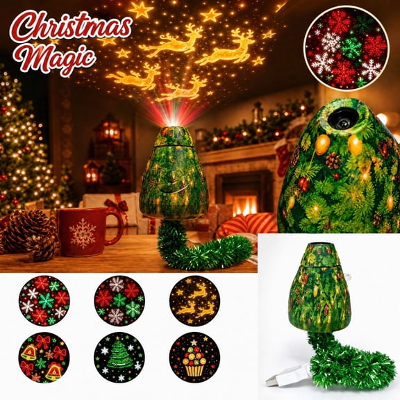 Christmas Tree-shaped Projector Light,Plug-&-Play HD Christmas Projector with 6 Festive Scenes, USB Flexible 360° Rotatable Lamp for Indoor Ceiling Wall Room Decor Holiday Party Xmas Gifts