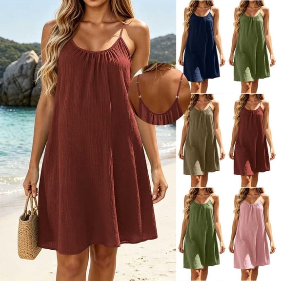 Bxsruta Womens Summer Sundress Casual Spaghetti Strap Flowy Pleated Beach Dress