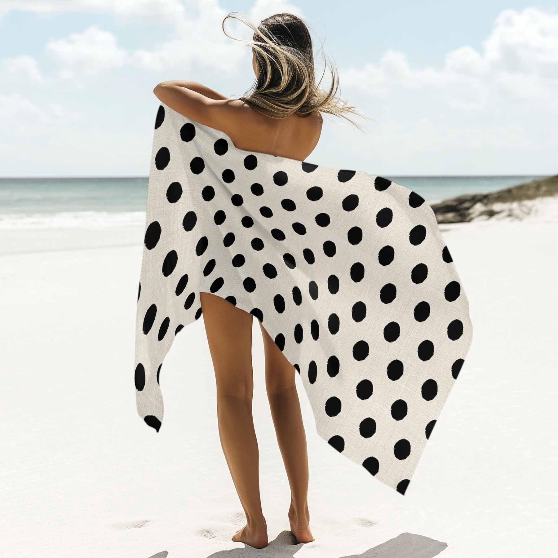 Beach Towel Black White Polka Dots Bath Pool Towels Cute Solid Color Linen Absorbent Beach Towel Soft Large Quick Dry Lightweight Camping Travel Sports Yoga Gym Swim Towels for Adult 35x70 Inch