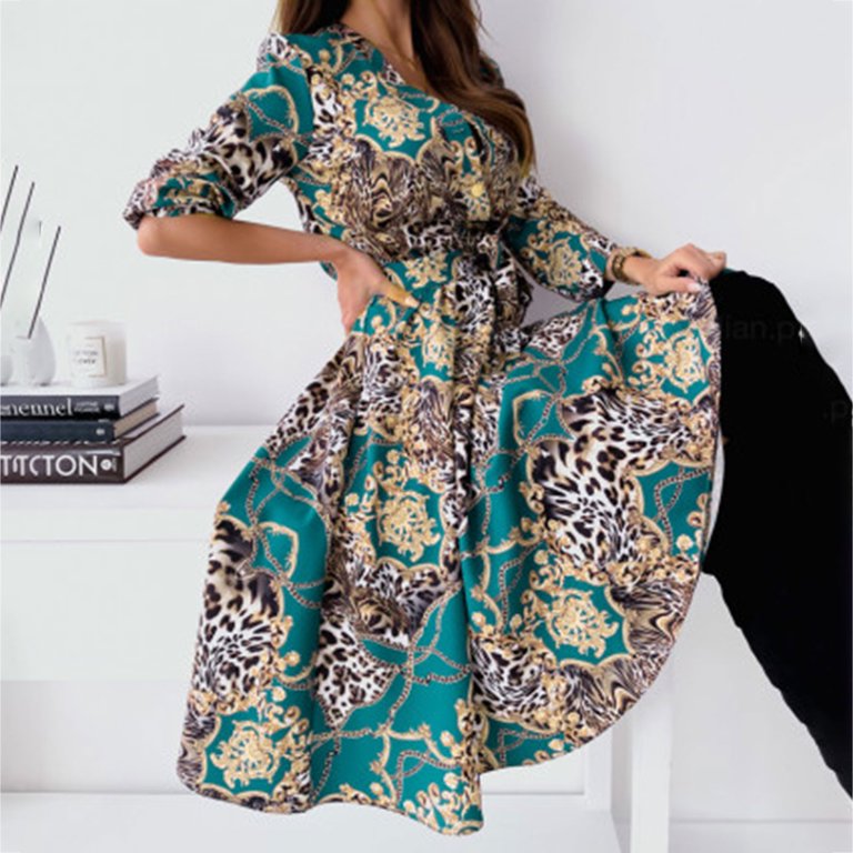 Fashion Women Buttons Bandage Casual Print Dress V Neck Long Sleeve Dress  Trendy Fitted Plus Size Fall Dresses 