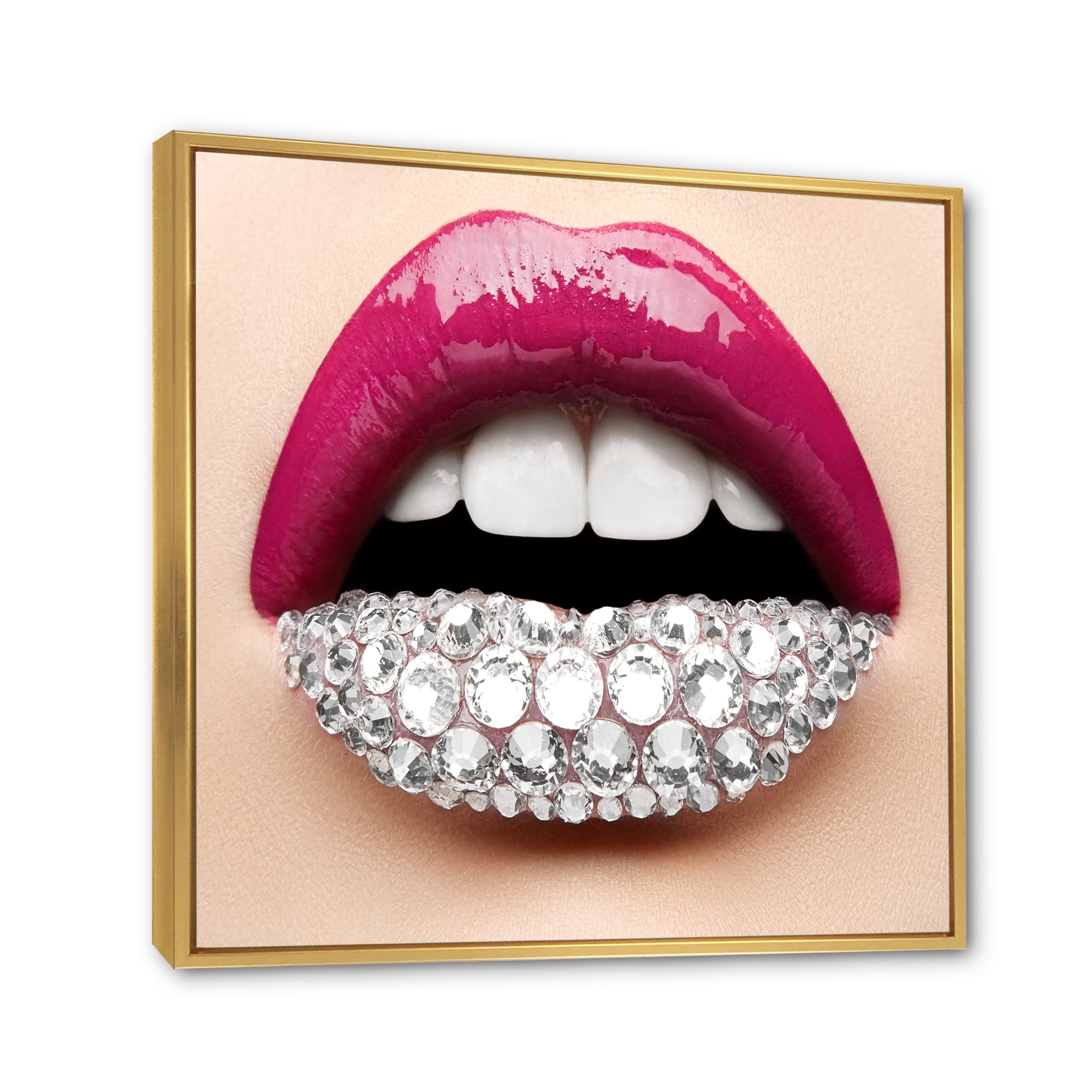 Designart 'Girl Lips With Pink Lipstick White Diamonds' Modern Framed Canvas Wall Art Print