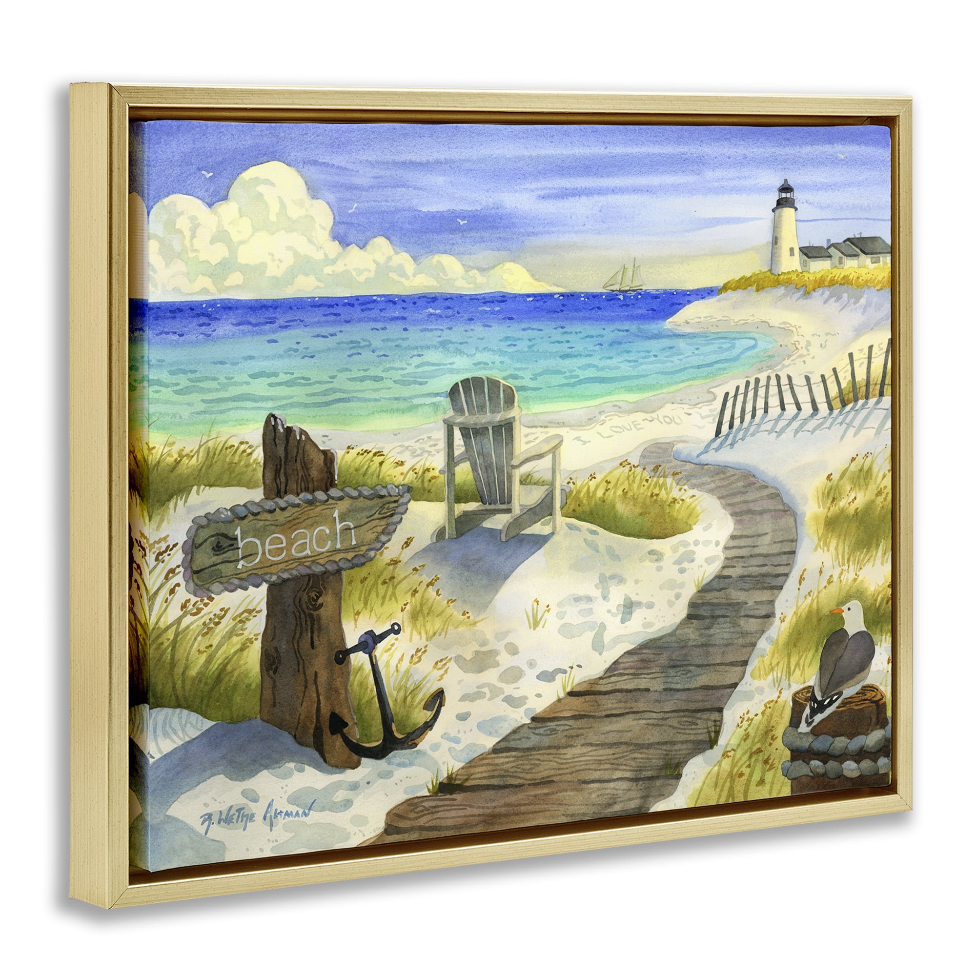 Stupell Industries Boardwalk To The Lighthouse Gold Framed Floater Canvas Wall Art, design by Robin Altman