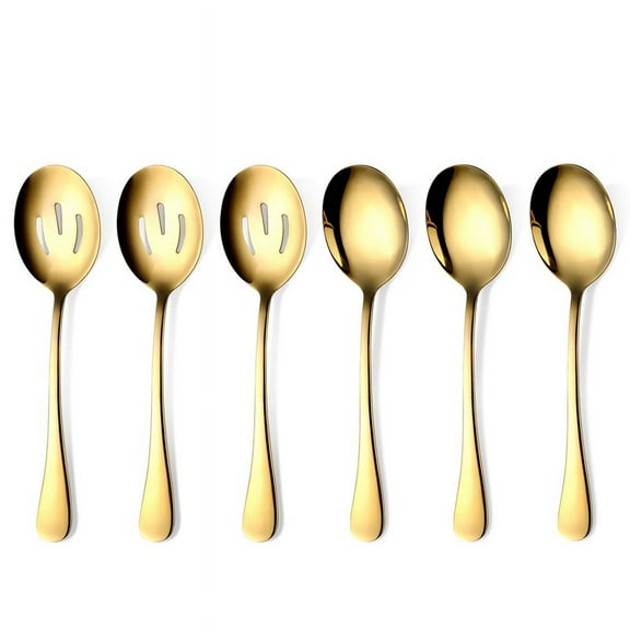 Gold Serving Spoons 6 Pieces, Stainless Steel Utensils with Mirror Polished,3 Spoon and 3 Slotted