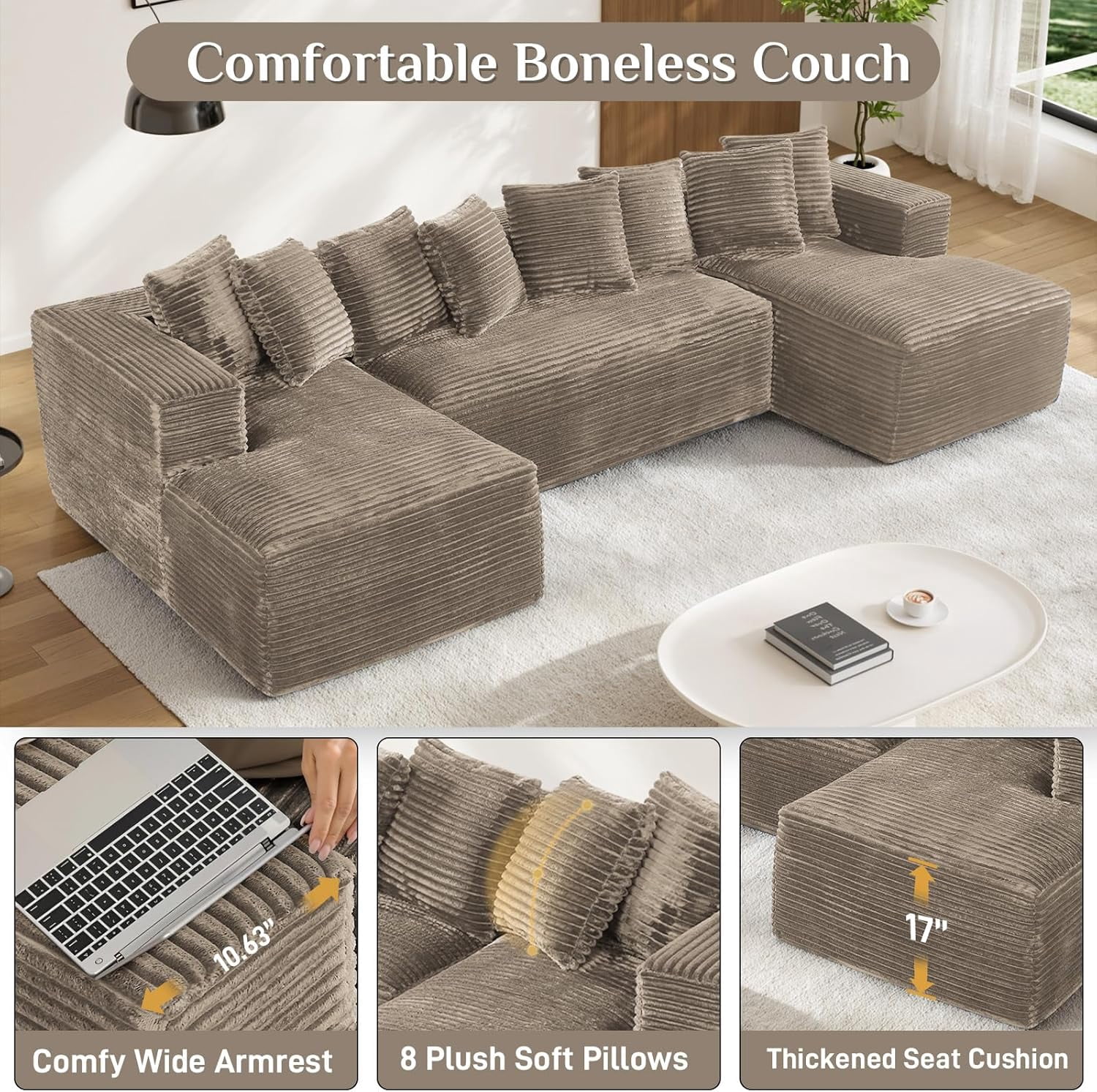 Wiilayok U Shaped Sectional Sofa,Modular Cloud Corduroy Sofa Couch with Extra Deep Seat for Living Room Sofa, No Assembly, Brown