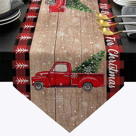 Boiiwant Christmas Table Runner Christmas Tree Car Print Burlap Table Runner