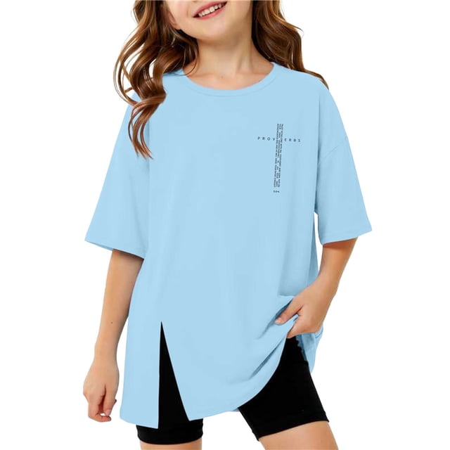 Rovga T Shirts For Girls Short Sleeve Tee With Side Slit Cute Print Round Neck Top Fashion Spring Clothes Light Blue 9-10 Years