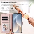 thumbnail image 4 of Wallet Leather Case For Motorola Moto G Play 2025 6.8",With Card Holder,Wristband, Shockproof Kickstand Embossed Happy Pattern Phone Case,Pink,For Moto G Play 2025, 4 of 8