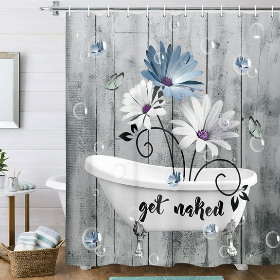 Rustic Farmhouse Floral Shower Curtain, Farm Daisy Flowers and Butterfly on Bathtub Get Naked Shower Curtain for Bathroom, Blue Gray Grey Bathroom Curtains with 12PCS Hooks, 70X70IN