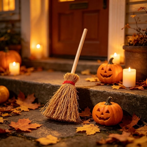 MMJ Halloween Decorations Handwoven Straw Witch Broom Mini Tabletop Centerpiece Mantel Ornament 5.9in