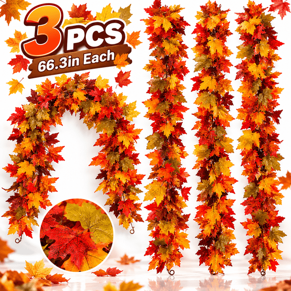 YuHangHu 3-Pack Multicolor Fabric Artificial Maple Leaf Garlands, 66.3-in Fall Hanging Vines for Mantel, Door, Fireplace, Fall and Thanksgiving Decor