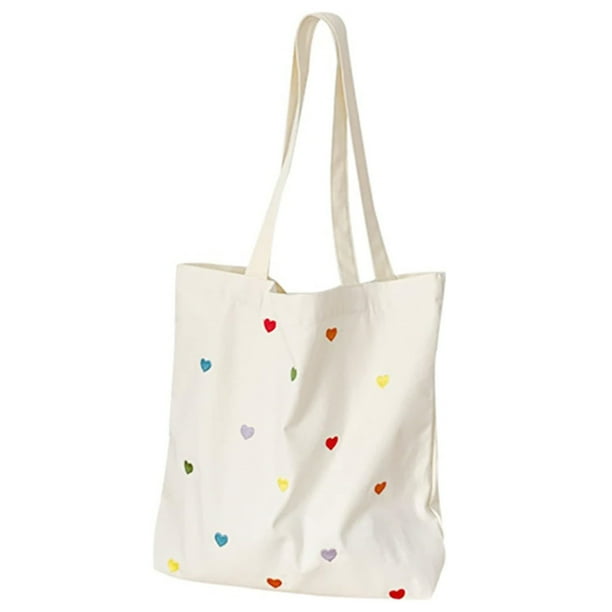 Bolso de mano de lona informal con estampado de corazones para mujer, bolso de mano de gran capacidad, bolso de hombro con bolsillos, bolsas de lona reutilizables para comestibles