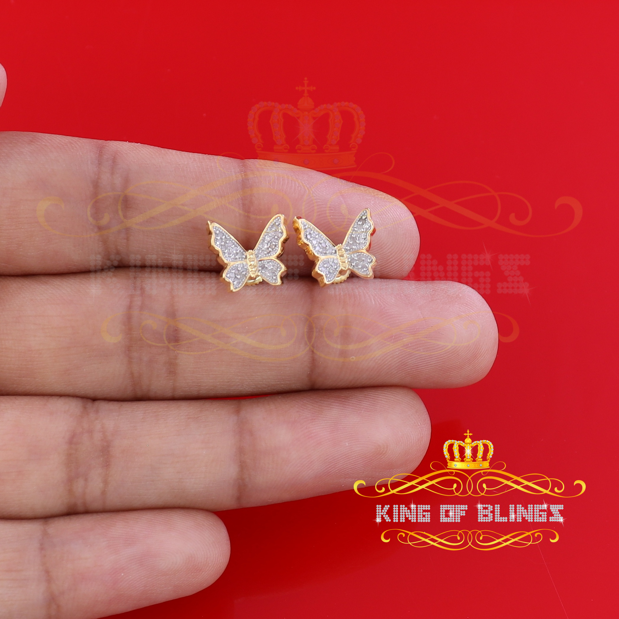 King of Bling's Women's 0.15ct Real Diamond Butterfly Stud Earrings Yellow 925 Sterling Silver