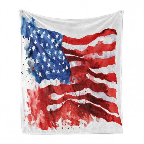 American Flag Soft Flannel Fleece Blanket, National Paint Brush Watercolor Digital Stroke Messy Graffiti Art Design Print, Cozy Plush for Indoor and Outdoor Use, 50" x 70", Red Blue, by Ambesonne