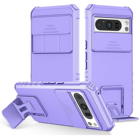 Haobuy for Google Pixel 8 Pro Case with Slide Camera Cover Kickstand Heavy Duty Shockproof Durable Case-Purple