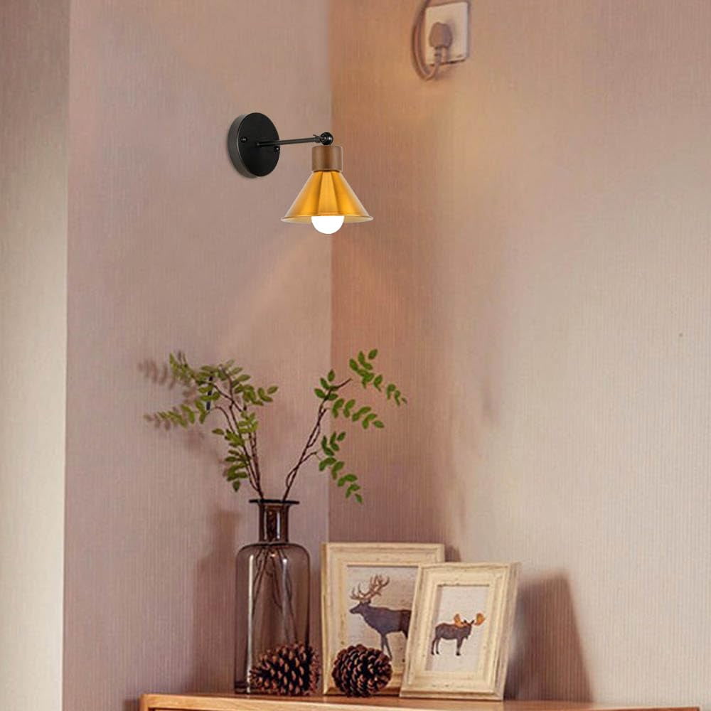 KAYYELAMP Vintage Wall Sconce Battery Run Remote Dimmable Lighting Walnut Base Gold Metal Shade Industrial Style for Dorm Stairways Laundry Room 2-Pack