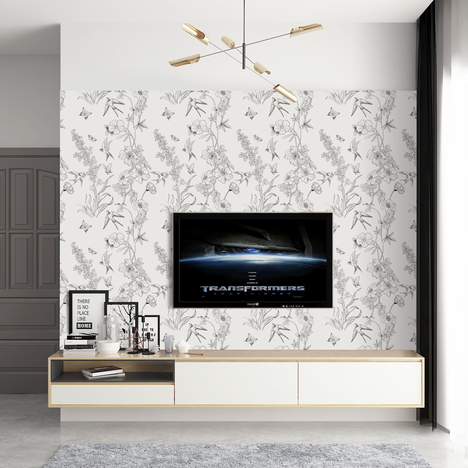 Caltero Floral Wallpaper Peel and Stick Wallpaper Black White Wallpaper Self Adhesive Removable Contact Paper,17.71" x 394"