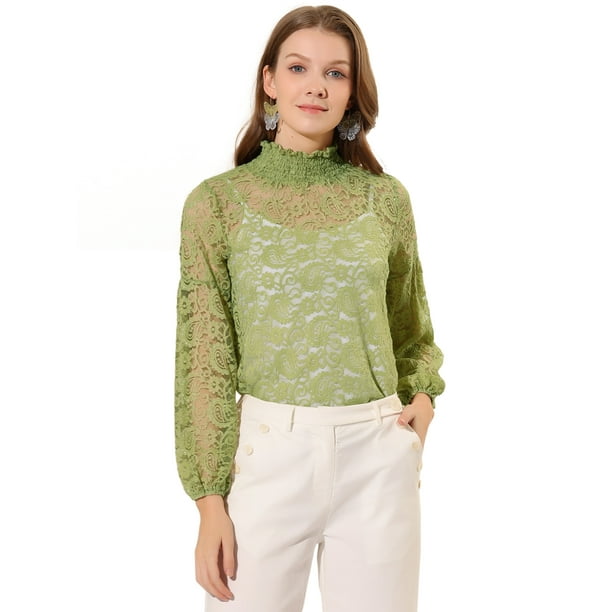 Blusas de manga larga de encaje para mujer Blusas florales elegantes con cuello con volantes Verde Claro2 S