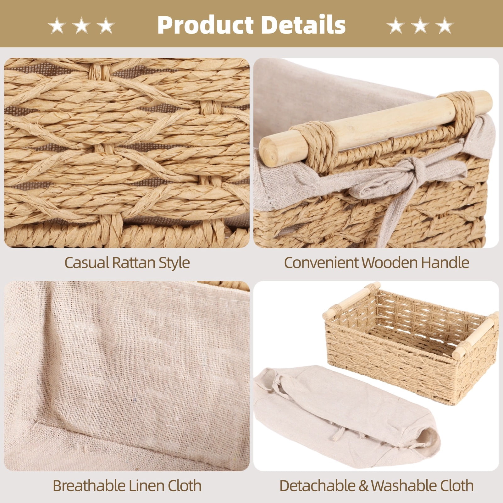 2 PCS Wicker Storage Baskets with Wood Handles, Rattan Basket Organizer for Shelves, Decorative Rectangle Wicker Basket, Organizing Basket for Bathroom, Storage Basket for Countertop
